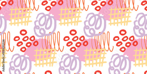 Seamless pattern with colorful scribbles and hand-drawn shapes. Childlike doodle design with loops, grids and brush strokes. Playful abstract background for textile, wrapping, print.