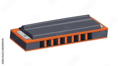 Chromatic Harmonica Musical Instrument in Gray and Orange with Black Background and Detailed Illustration