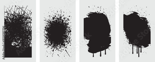 Set of four abstract grunge ink splash and stroke black paint isolated on transparent background design element for artistic creation and graphic design projects