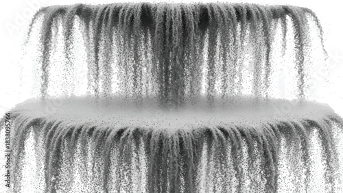 Cascading waterfall rendered in grayscale with water droplets and foam on a transparent background, creating a realistic and dynamic liquid flow effect