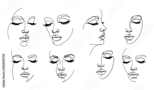 Abstract Single Line Face Portraits with Closed Eyes and Eyelashes Keywords: face, portrait, abstract, line art, single line, drawing, sketch, minimalist, woman, female, beauty, elegant, modern
