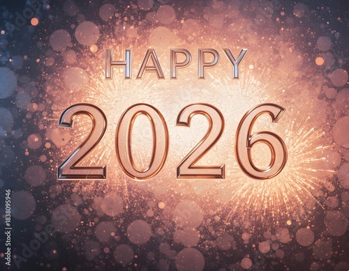 Happy New Year 2026 Seen Through Frosted Glass with Soft Firework Glow