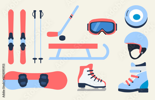 Winter Sports Equipment Set. Perfect for winter sports promotions, outdoor activity designs, infographics, posters, prints, web graphics, and seasonal advertising.