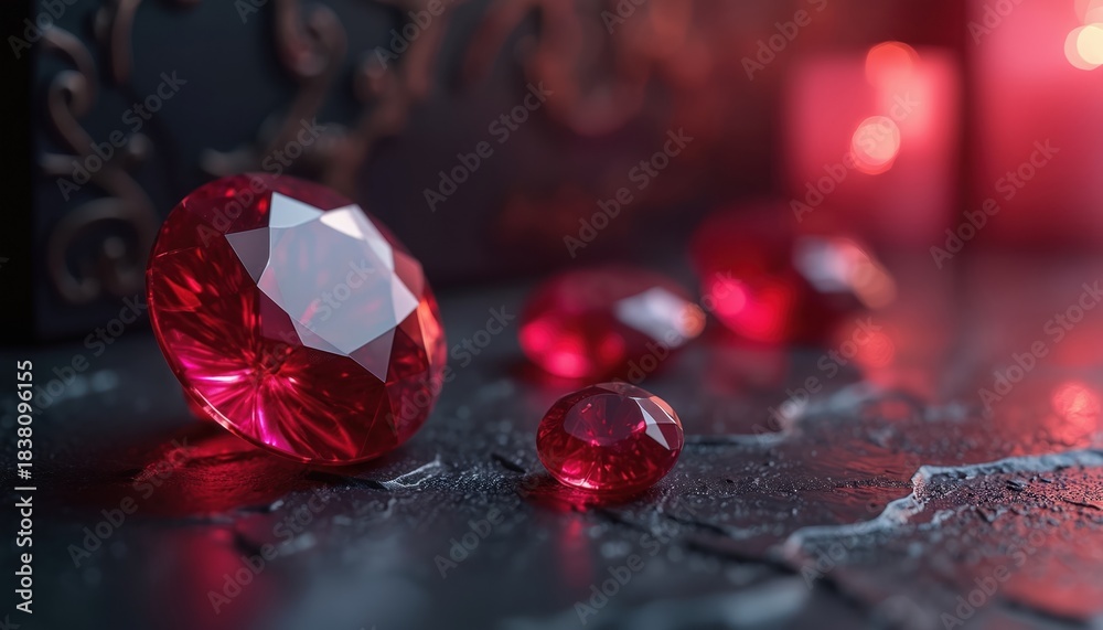 Naklejka premium Three ruby gems lie. Gemstones sparkle on dark stone surface. Red light highlights jewelry piece. Wealth, power. Glamorous, elegant design for posters. Good for jewellery store promotional materials.