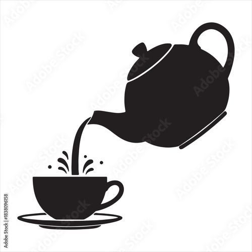 Black silhouette of teapot pouring into a teacup with saucer