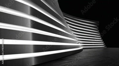Modern Building Facade with Glowing Horizontal Light Stripes. AI generative