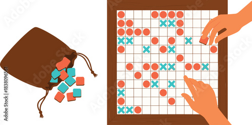 Wooden board game illustration with strategy tiles and players hands, abstract tabletop gaming concept flat vector design