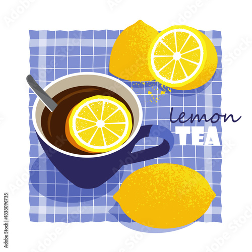 cup of tea with lemon. close-up of an invigorating drink, whole and sliced lemon. flat drawing with texture. stock vector illustration. EPS 10.