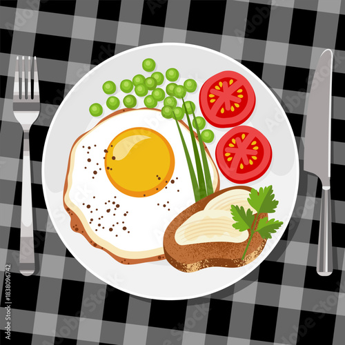 breakfast with fried eggs, tomatoes, and a sandwich on a plate, close-up, top view. flat drawing with texture. stock vector illustration. EPS 10.