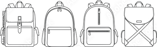 Backpack outline collection with modern casual and travel designs, minimalist line art bag vector illustration set