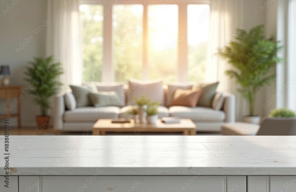 Fototapeta premium Empty white wooden table foreground. Bright living room background with sofa, coffee table, plants, large windows. Natural light fills scene. Perfect for product placement.