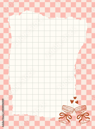 Note template with clinking glasses with bows. Graphic collage element with torn paper. Whimsical vintage electronic organizer template. Vector illustration.