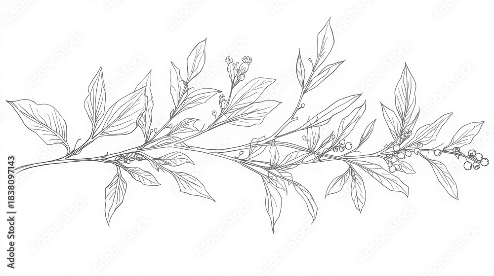 Obraz premium Delicate black and white illustration of a leafy branch isolated on white background