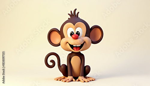 3D cartoon monkey sitting with big smile on off-white background