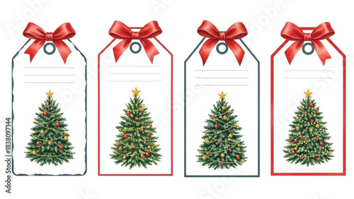 Watercolor Christmas Tree Gift Tags with Red Bows, Festive Holiday Printable Label Set