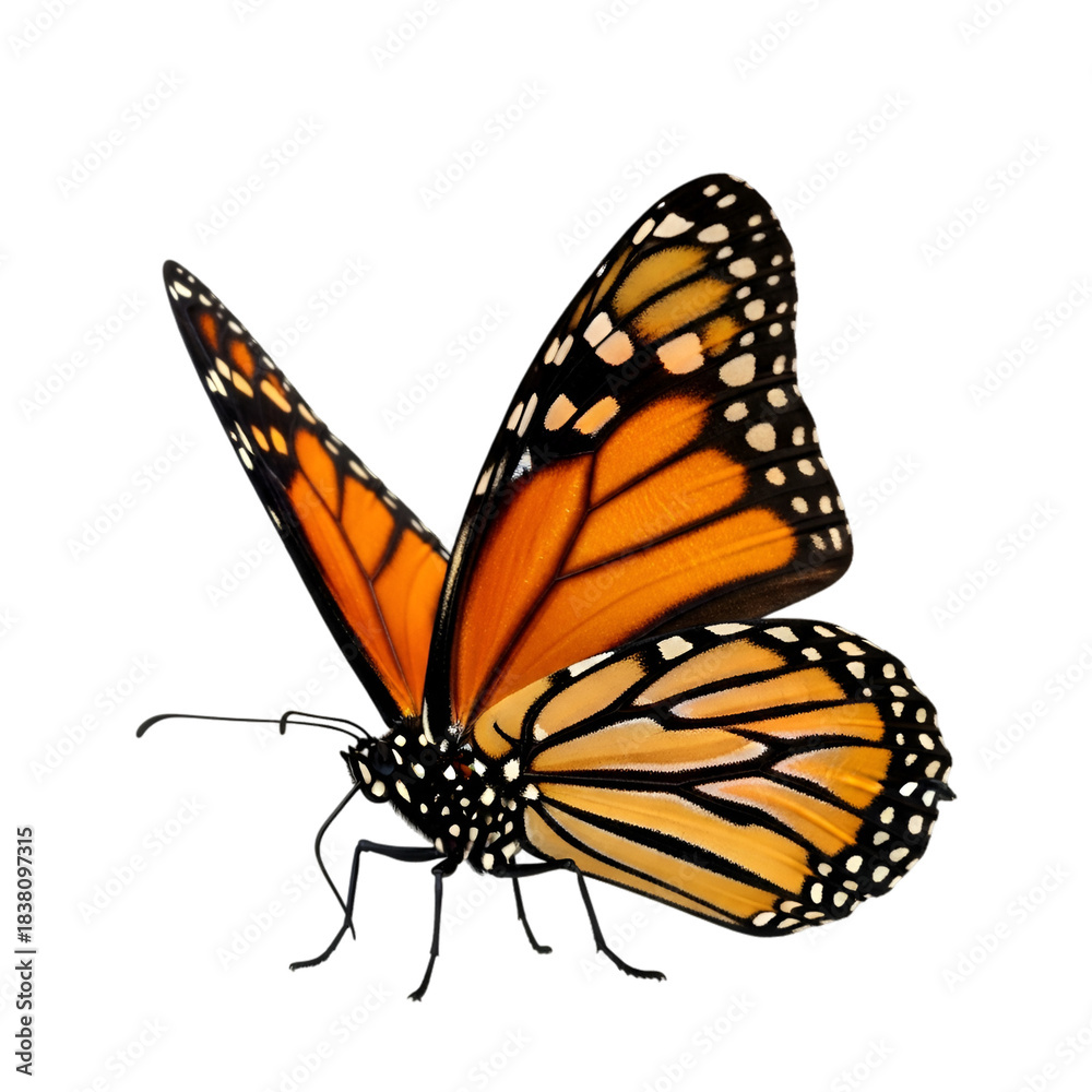 Obraz premium Detailed monarch butterfly wings spread open vivid colors isolated on transparent background
