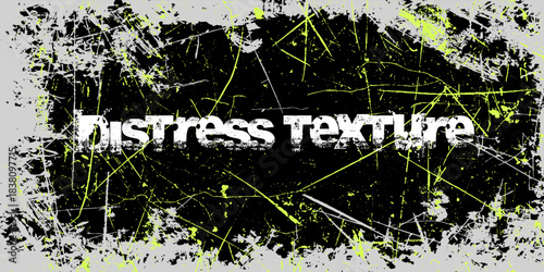 Heavy grit surface, neon splash accents, stencil spray, scratched dust, chipped paint fragments. Industrial grunge background, distress texture, vector illustration