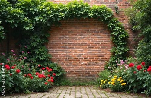 Old brick wall with green plants creates garden scenery. Rich foliage arches above the wall. Colorful flowers add beauty. Stone path leads to rustic facade giving natural idyllic look.