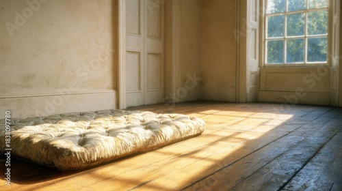 Light shines on a simple mattress in a room during the day