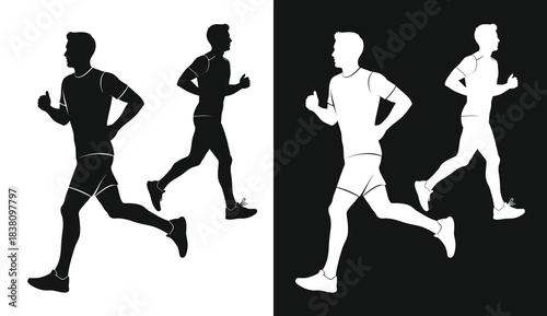 Silhouettes of running men in contrasting black and white split screen composition