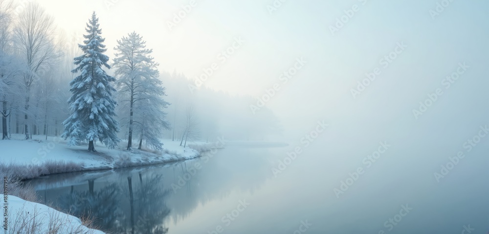Fototapeta premium Snow covered fir trees stand beside calm water reflecting misty forest landscape. Cold morning fog obscures distant woods and water surface. Soft gentle light illuminates serene winter scene.