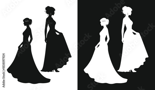Elegant silhouettes of women in evening gowns against a contrasting black and white background