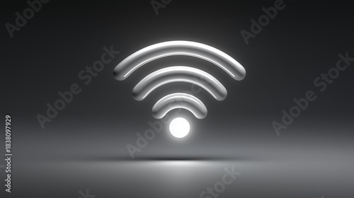 Stylized 3D Wi-Fi signal icon with glowing metallic curves and circle base on dark gradient background, symbolizing wireless internet access and modern digital connectivity in sleek abstract form