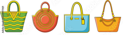 Colorful summer handbag collection with trendy tote and shoulder bags, modern women fashion accessory vector illustration