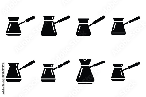 Set of Minimalist black turkish coffee pot kitchen tool silhouette icon set