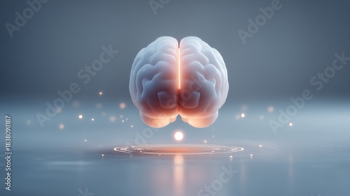 Stylized digital rendering of human brain glowing in white and orange light suspended above circular illuminated platform with scattered particles, visualizing neural activity, cognitive intelligence