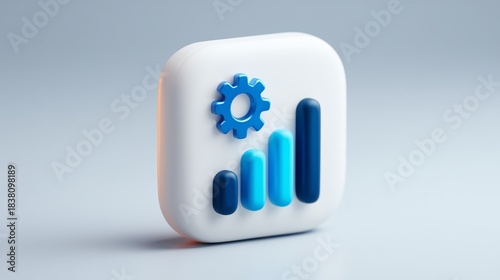 3D icon with blue gear and vertical four-bar chart in increasing height placed on rounded white square background. System configuration, performance metrics, and data analytics in software 