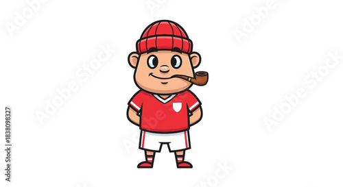 Cartoon character with a red beanie, sports attire, and a smoking pipe stands out