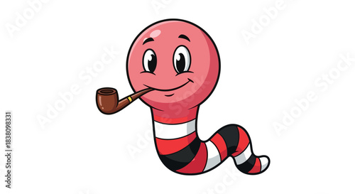 Playful Illustration of a Cartoon Worm Character Smoking a Pipe on White Background