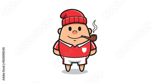 Chubby cartoon character with beanie and tobacco pipe on white backdrop illustration