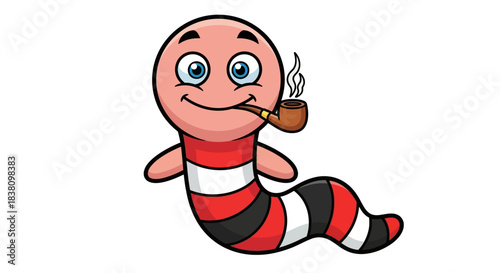 A cartoon earthworm with a playful grin, smoking a pipe on a seamless white backdrop