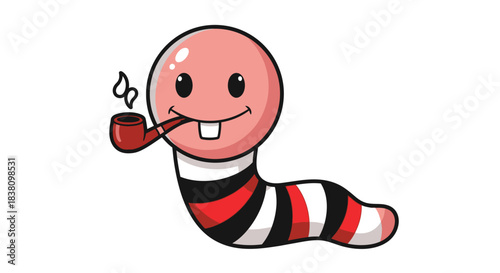 Whimsical cartoon worm character enjoying a smoke with a charming pipe expression of playful delight