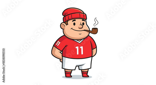 Cartoon illustration of a man with a red hat and jersey smoking a pipe with a slight smile