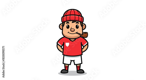 Charming cartoon illustration of a boy in a red beanie smoking a classic wooden pipe