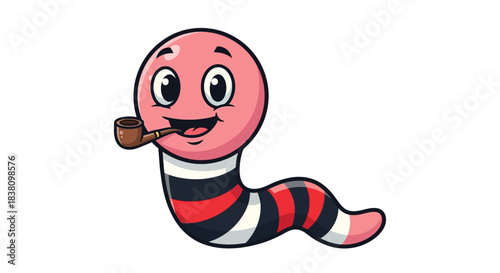 Cartoon earthworm mascot with pipe in mouth and a charming expression with striped pattern