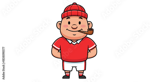 Cartoon illustration of a cute character with a pipe and red outfit on a white backdrop