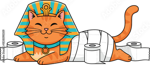 Cute ancient Egyptian cat mummy cartoon character with pharaoh headdress, playful historical animal vector illustration