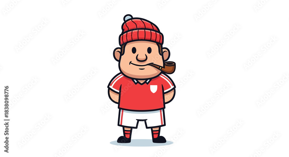 Fototapeta premium Cartoon character with a red beanie, pipe, shirt and shorts isolated on white background