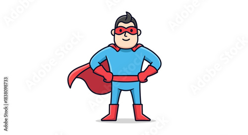 Cartoon superhero standing confidently with hands on hips, red cape waving casually