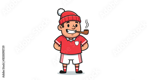 Whimsical cartoon character enjoying a pipe wearing a beanie and a sports outfit