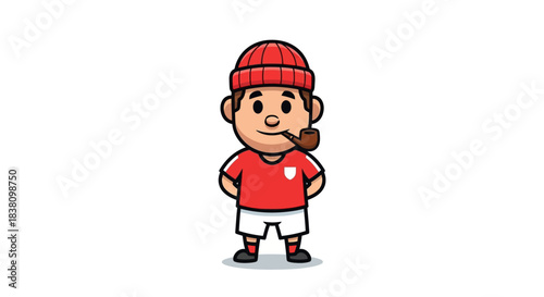 Cartoonish character illustration of a boy with a red hat and pipe in his mouth