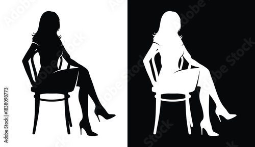 Elegant woman sitting in a chair silhouette on contrasting black and white backgrounds