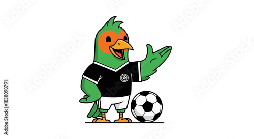 Delightful green bird mascot with soccer ball exuding playful sporty energy and competitive spirit