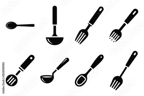 Set of Minimalist black basting spoon kitchen tool silhouette icon set