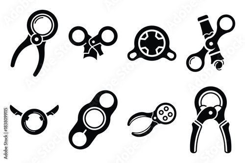 Set of Minimalist black bottle foil cutter kitchen tool silhouette icon set