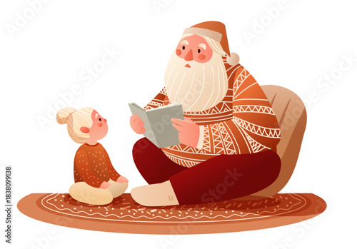 Santa reading Christmas story to child cozy winter scene sitting on carpet warm colors festive holiday atmosphere home decor